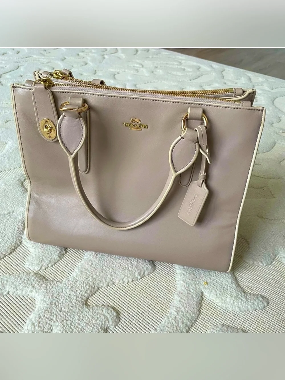 Coach Pebbled Leather Satchel in Light Taupe with Gold Hardware